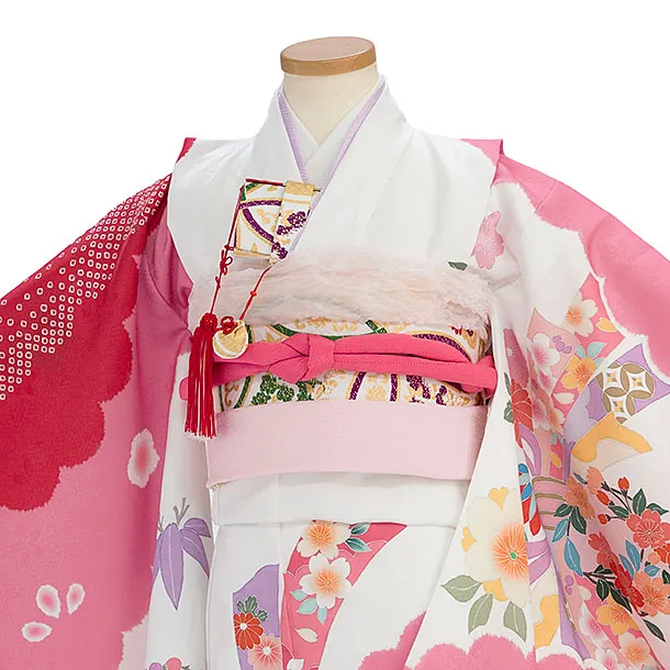 七五三レンタル(6歳7歳女児結び帯) F333 白赤ピンク 雲取り花熨斗