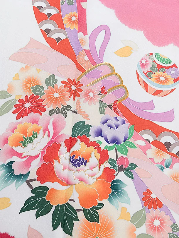 七五三レンタル(6歳7歳女児結び帯) F333 白赤ピンク 雲取り花熨斗