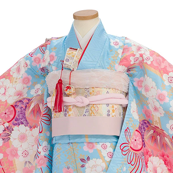 七五三レンタル(7歳女児結び帯) F340 水色 桜まり