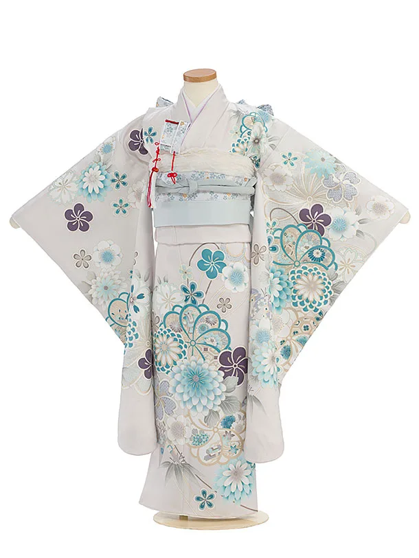 七五三レンタル(7歳女児結び帯) F344 淡グレー 桜菊梅