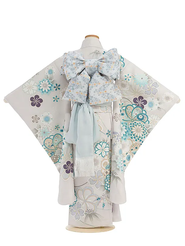 七五三レンタル(7歳女児結び帯) F344 淡グレー 桜菊梅