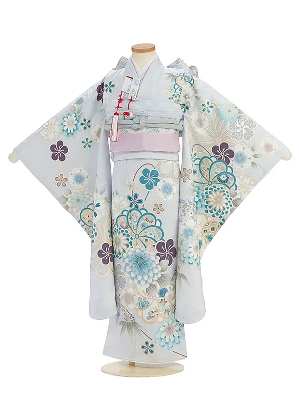 七五三レンタル(7歳女児結び帯) F345 淡ブルー 桜菊梅