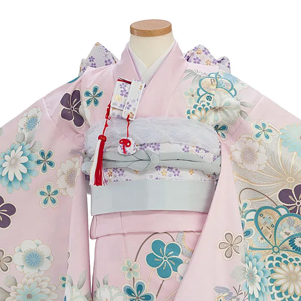 七五三レンタル(7歳女児結び帯) F346 淡ピンク 桜菊梅