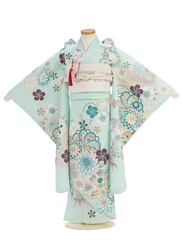 七五三レンタル(7歳女児結び帯) F347 淡ミントグリーン 桜菊梅