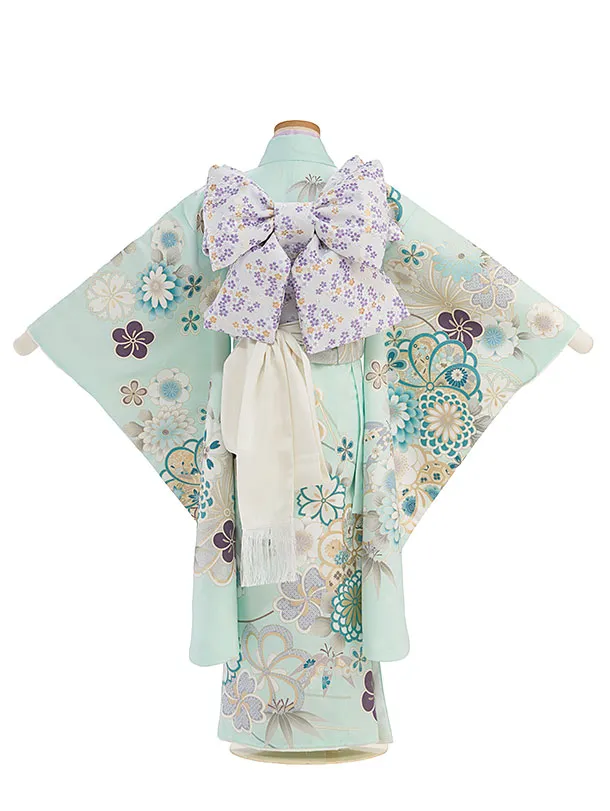 七五三レンタル(7歳女児結び帯) F347 淡ミントグリーン 桜菊梅