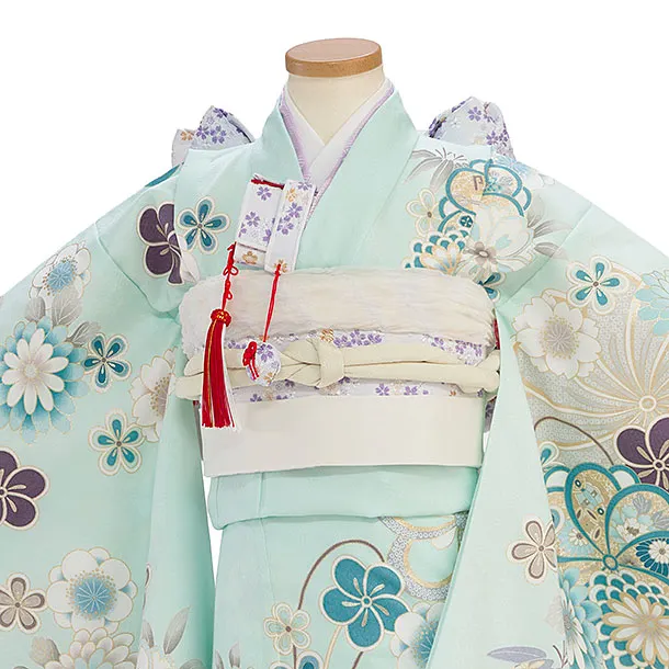 七五三レンタル(7歳女児結び帯) F347 淡ミントグリーン 桜菊梅