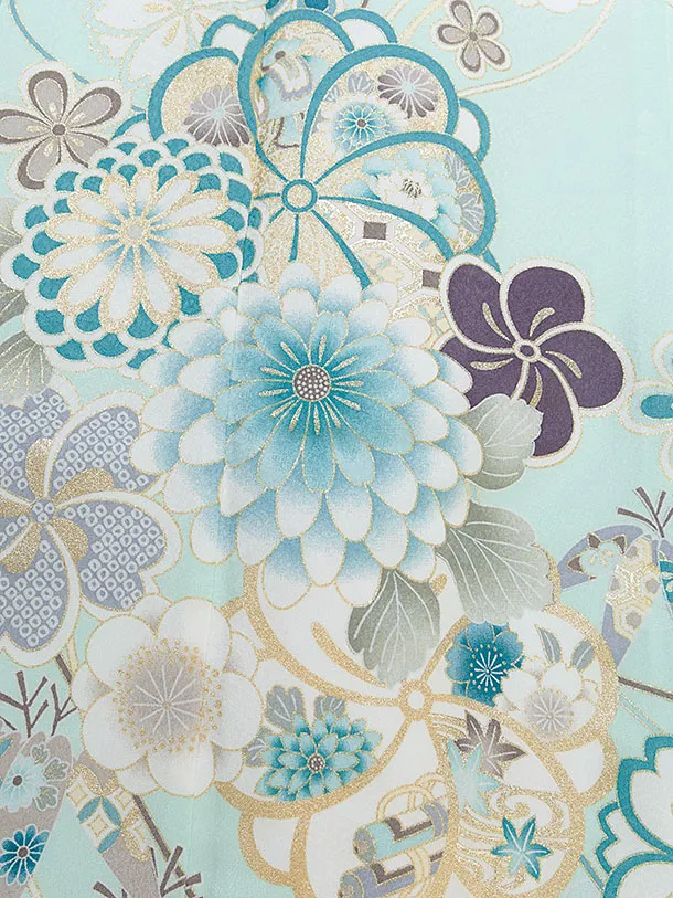 七五三レンタル(7歳女児結び帯) F347 淡ミントグリーン 桜菊梅