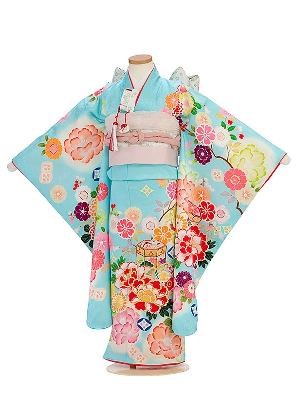 【正絹】七五三レンタル(7歳女児結び帯) F349 水色 華貝桶