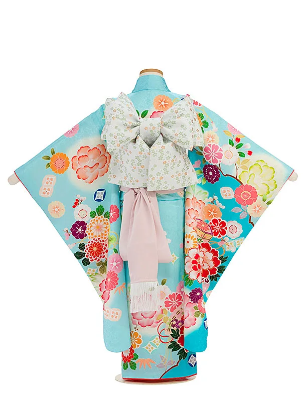 【正絹】七五三レンタル(7歳女児結び帯) F349 水色 華貝桶