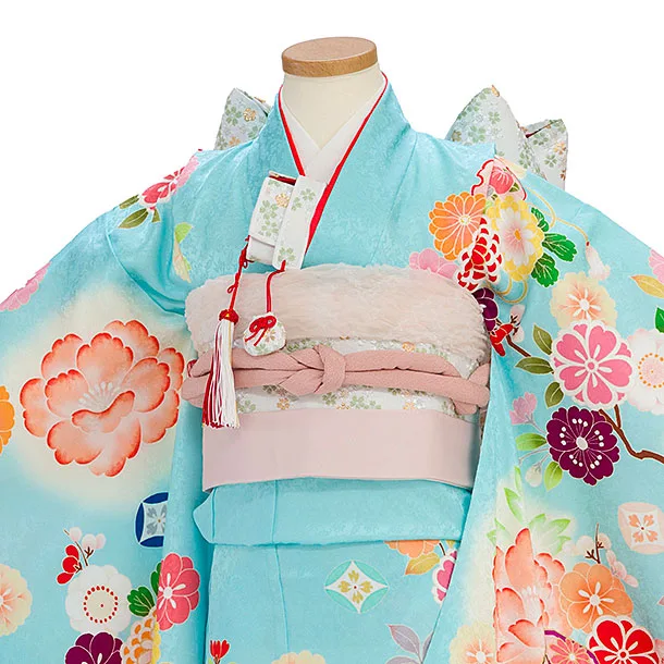 【正絹】七五三レンタル(7歳女児結び帯) F349 水色 華貝桶
