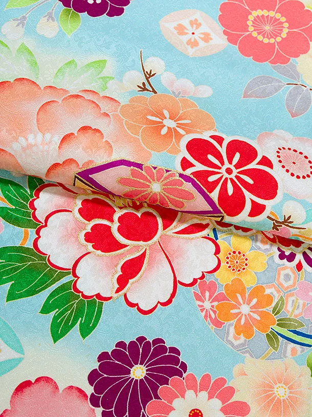 【正絹】七五三レンタル(7歳女児結び帯) F349 水色 華貝桶