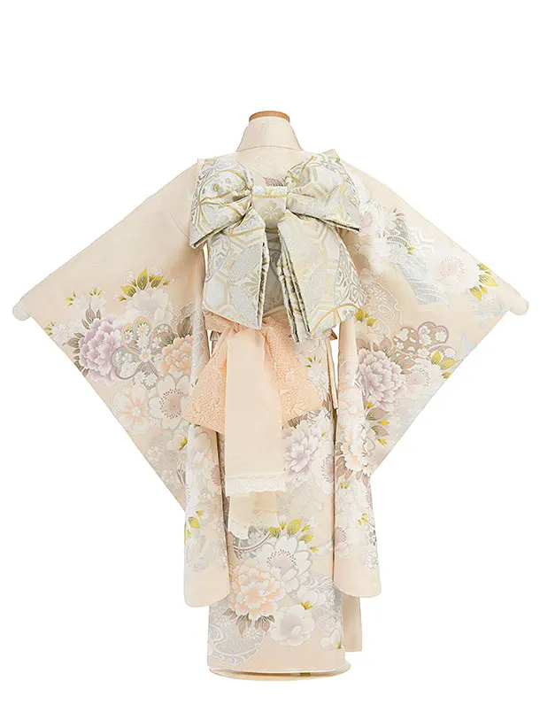 【正絹】七五三レンタル(7歳8歳女児結び帯) F350 ベージュ 華鞠