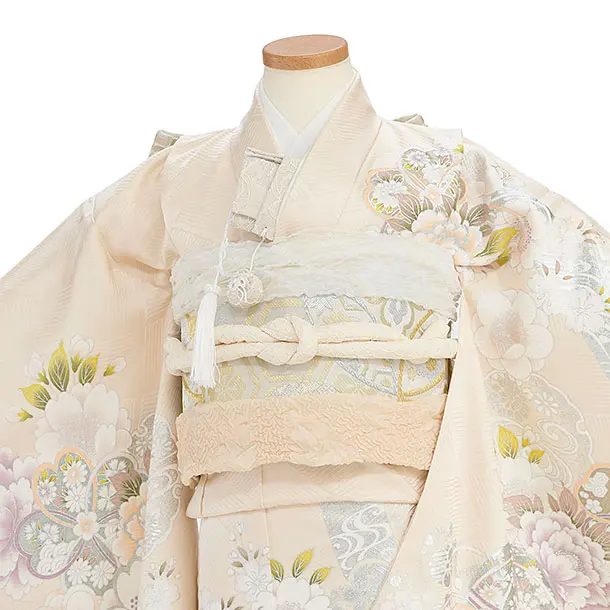 【正絹】七五三レンタル(7歳8歳女児結び帯) F350 ベージュ 華鞠