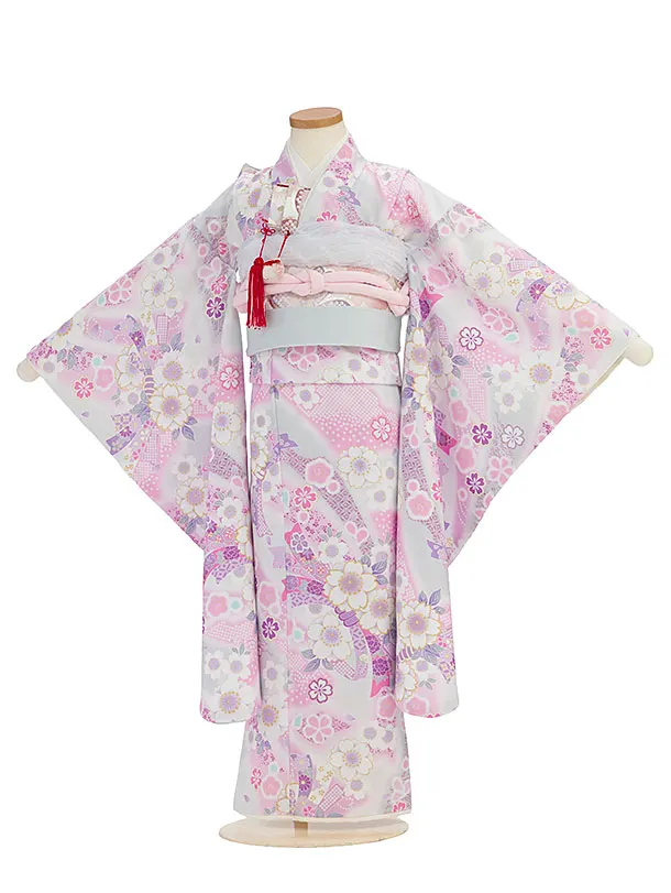 七五三レンタル(7歳女児結び帯) F362 KAGURA／淡グレー 桜熨斗