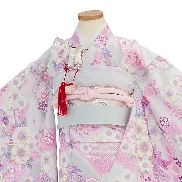 七五三レンタル(7歳女児結び帯) F362 KAGURA／淡グレー 桜熨斗