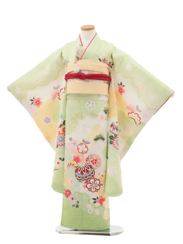 七五三レンタル(7歳女児結び帯) F366 花うさぎ／白地黄緑 鹿の子華鞠