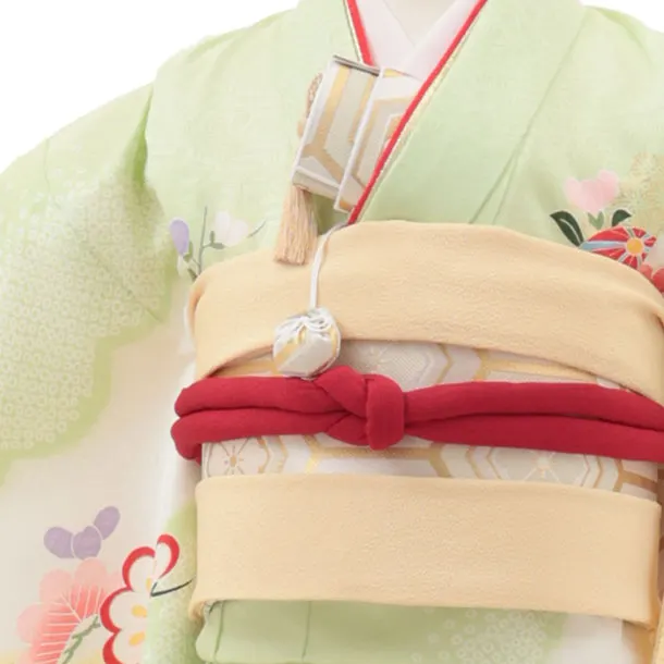七五三レンタル(7歳女児結び帯) F366 花うさぎ／白地黄緑 鹿の子華鞠