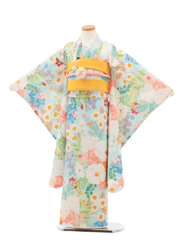 七五三レンタル(7歳女児結び帯) F369 花わらべ／水色 カラフルフラワー