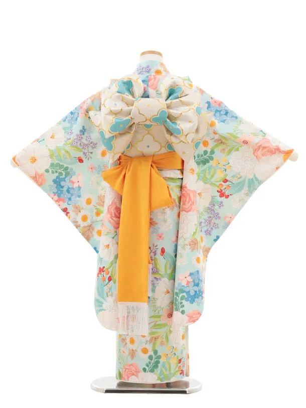 七五三レンタル(7歳女児結び帯) F369 花わらべ／水色 カラフルフラワー