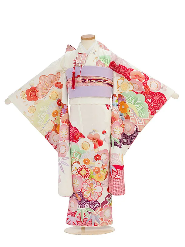 七五三レンタル(7歳女児結び帯) F370 式部浪漫／アイボリー 梅重ね