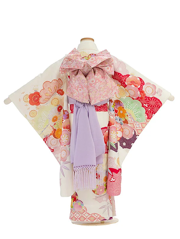 七五三レンタル(7歳女児結び帯) F370 式部浪漫／アイボリー 梅重ね