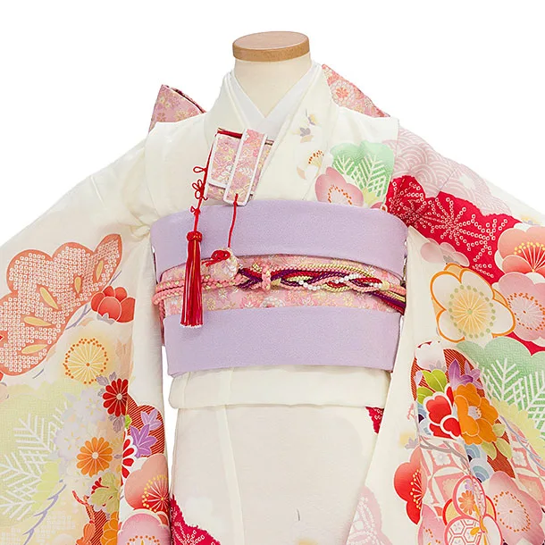 七五三レンタル(7歳女児結び帯) F370 式部浪漫／アイボリー 梅重ね