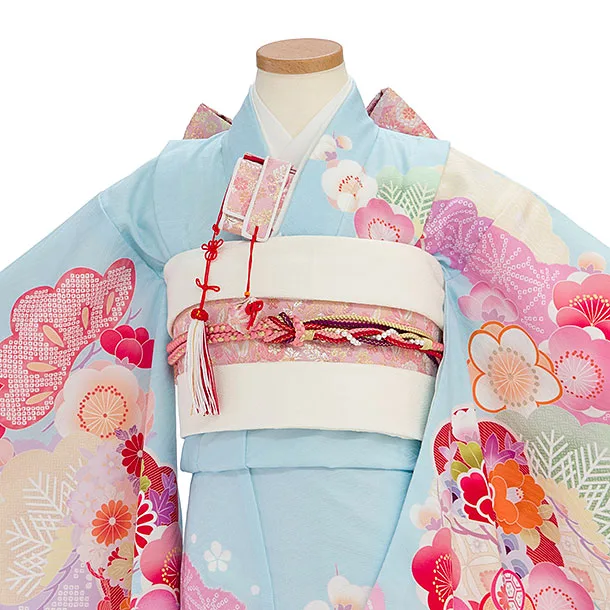 七五三レンタル(7歳女児結び帯) F371 式部浪漫／水色 梅重ね