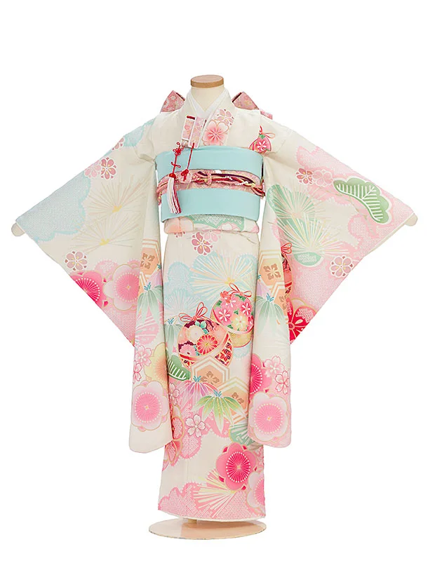 七五三レンタル(7歳女児結び帯) F372 式部浪漫／アイボリー 梅まり