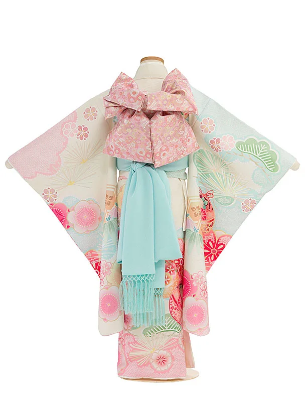 七五三レンタル(7歳女児結び帯) F372 式部浪漫／アイボリー 梅まり