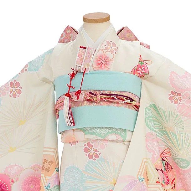七五三レンタル(7歳女児結び帯) F372 式部浪漫／アイボリー 梅まり