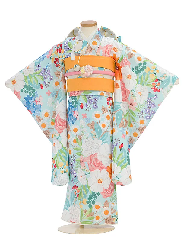 七五三レンタル(5歳女児結び帯) F376 花わらべ／水色 カラフルフラワー