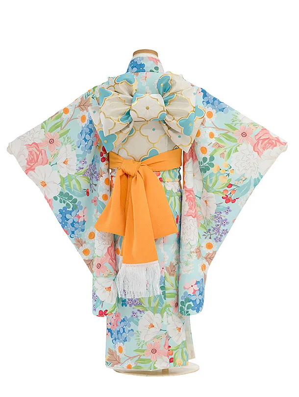 七五三レンタル(5歳女児結び帯) F376 花わらべ／水色 カラフルフラワー