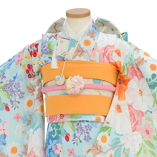 七五三レンタル(5歳女児結び帯) F376 花わらべ／水色 カラフルフラワー