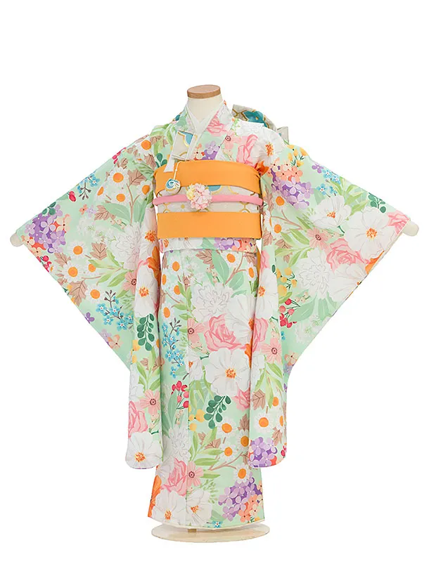 七五三(7歳女児結び帯)F381 花わらべ／淡アップルグリーン カラフルフラワー