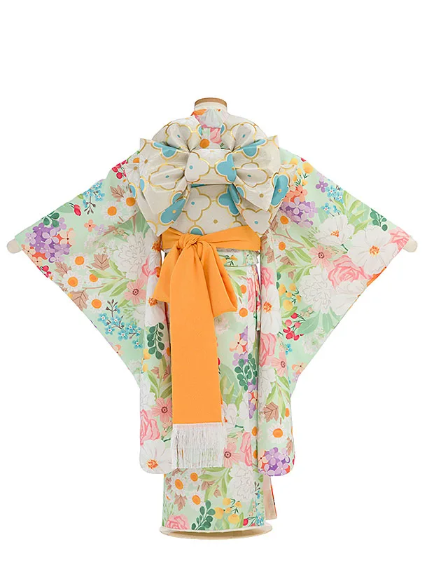 七五三(7歳女児結び帯)F381 花わらべ／淡アップルグリーン カラフルフラワー
