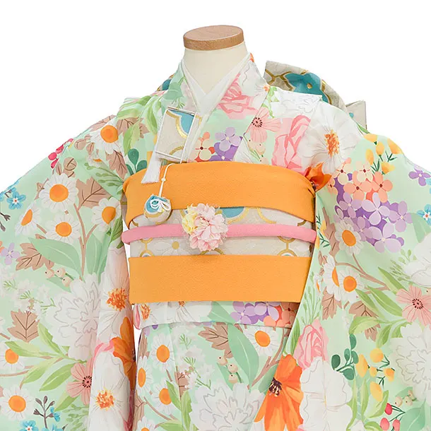 七五三(7歳女児結び帯)F381 花わらべ／淡アップルグリーン カラフルフラワー