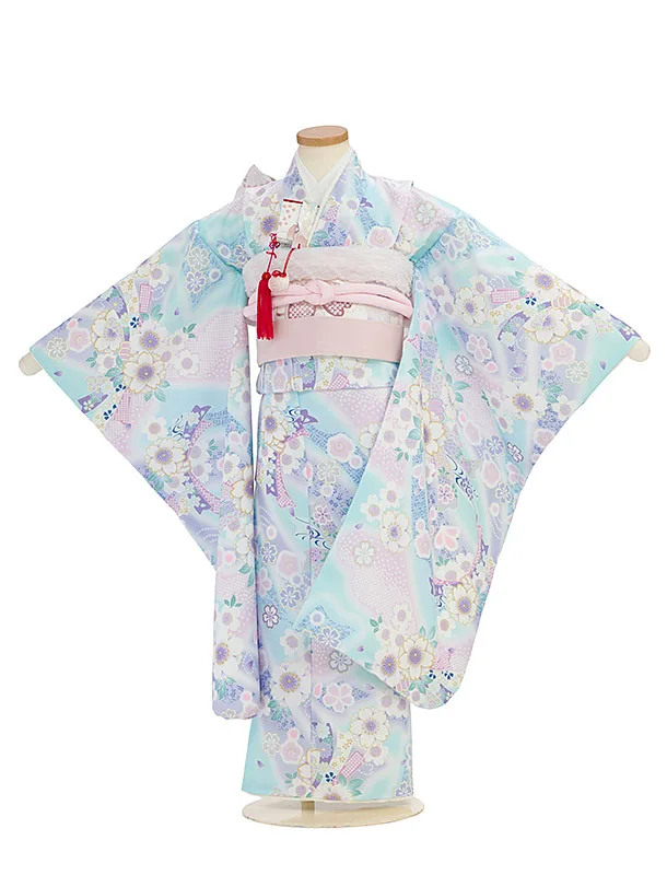 七五三レンタル(7歳女児結び帯) F382 KAGURA／水色 桜熨斗