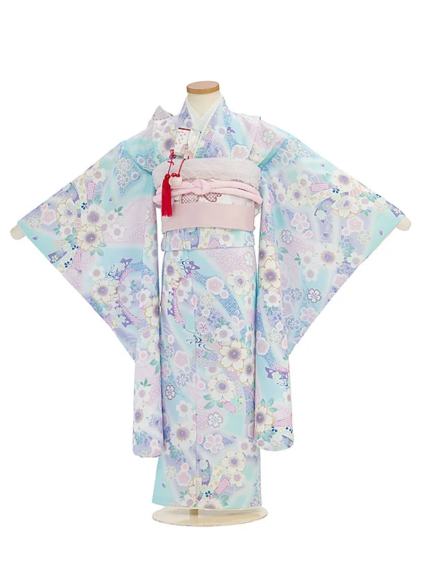七五三レンタル(7歳女児結び帯) F382 KAGURA／水色 桜熨斗