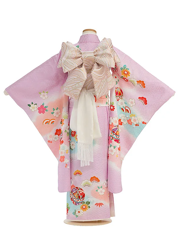 【正絹】七五三レンタル(7歳8歳女児結び帯) F388 ピンクパープル 花まり