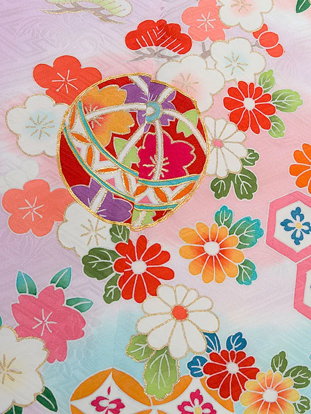 【正絹】七五三レンタル(7歳8歳女児結び帯) F388 ピンクパープル 花まり