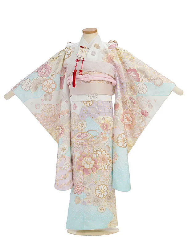 七五三レンタル(6歳7歳女児結び帯) F392 白×水色 花貝桶