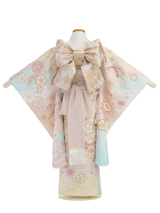 七五三レンタル(6歳7歳女児結び帯) F392 白×水色 花貝桶