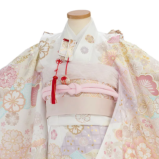 七五三レンタル(6歳7歳女児結び帯) F392 白×水色 花貝桶