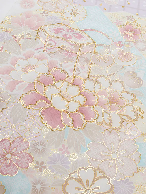 七五三レンタル(6歳7歳女児結び帯) F392 白×水色 花貝桶