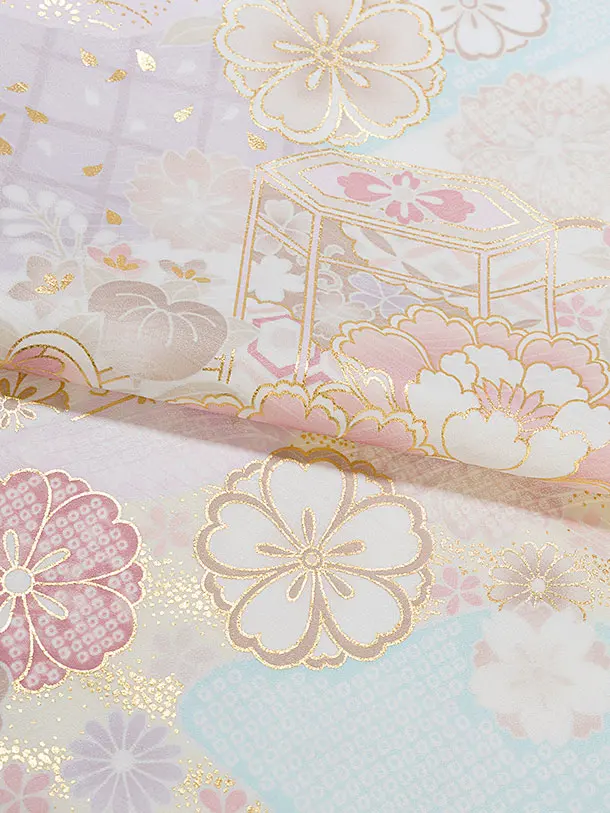 七五三レンタル(6歳7歳女児結び帯) F392 白×水色 花貝桶