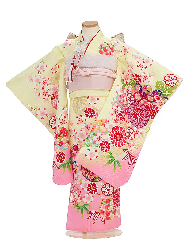 七五三レンタル(5歳女児結び帯) F402 薄黄色×ピンク 花まり