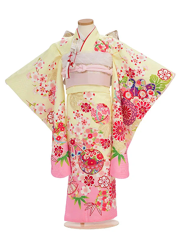 七五三レンタル(5歳女児結び帯) F402 薄黄色×ピンク 花まり