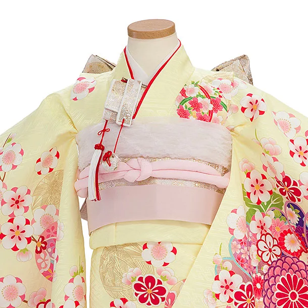 七五三レンタル(5歳女児結び帯) F402 薄黄色×ピンク 花まり