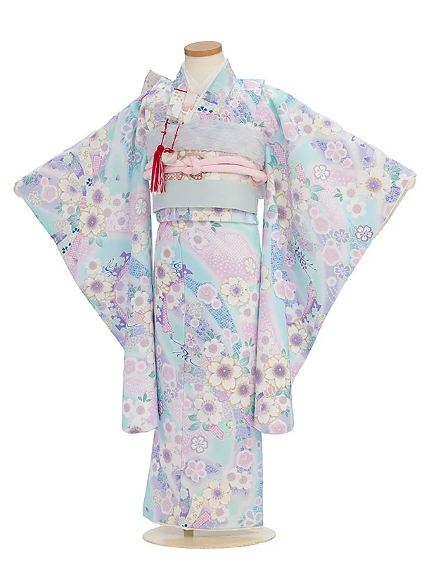 七五三レンタル(5歳女児結び帯) F404 KAGURA／水色 桜熨斗