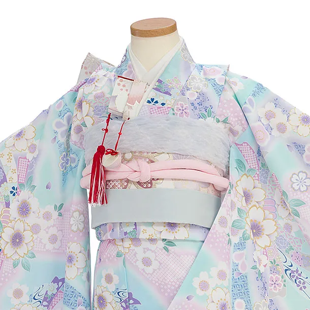 七五三レンタル(5歳女児結び帯) F404 KAGURA／水色 桜熨斗